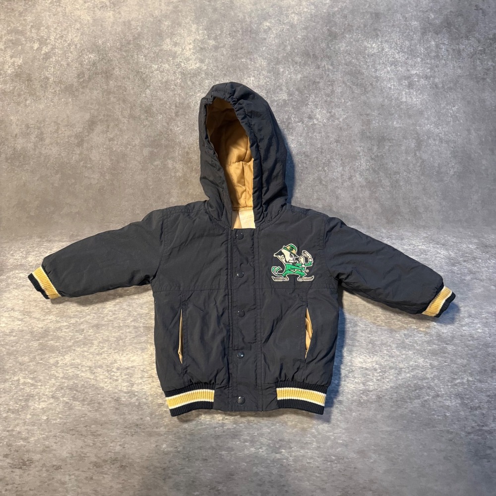 VTG 90s Notre Dame Fighting Irish Jacket Puffer Hood Navy Kid Sports 18-24 mons